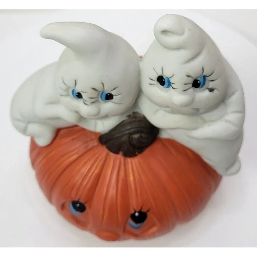 Halloween Ceramic Jack-o-lantern Ghosts Pumpkin Hand Painted Mold Music Box Vtg